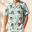 Model wearing Men's Old Glory Custom Face Hawaiian Shirt printed with kids' faces