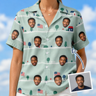 Woman wearing Women's Old Glory Custom Face Hawaiian Shirt — custom faces printed all-over