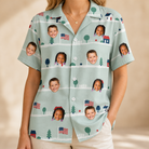 Model wearing Women's Old Glory Custom Face Hawaiian Shirt printed with kids' faces