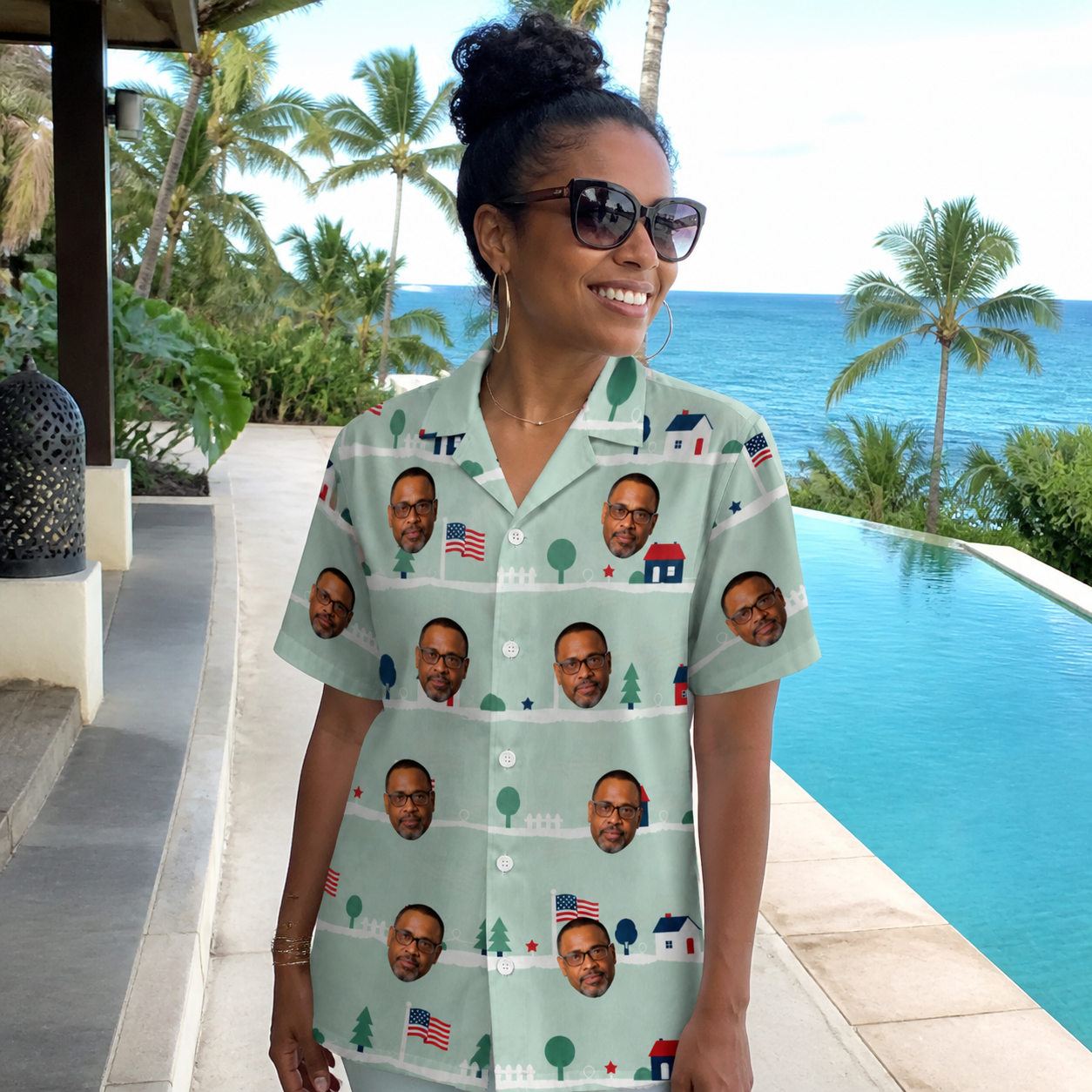 Real-life photo of someone wearing Women's Old Glory Custom Face Hawaiian Shirt — custom faces printed all-over