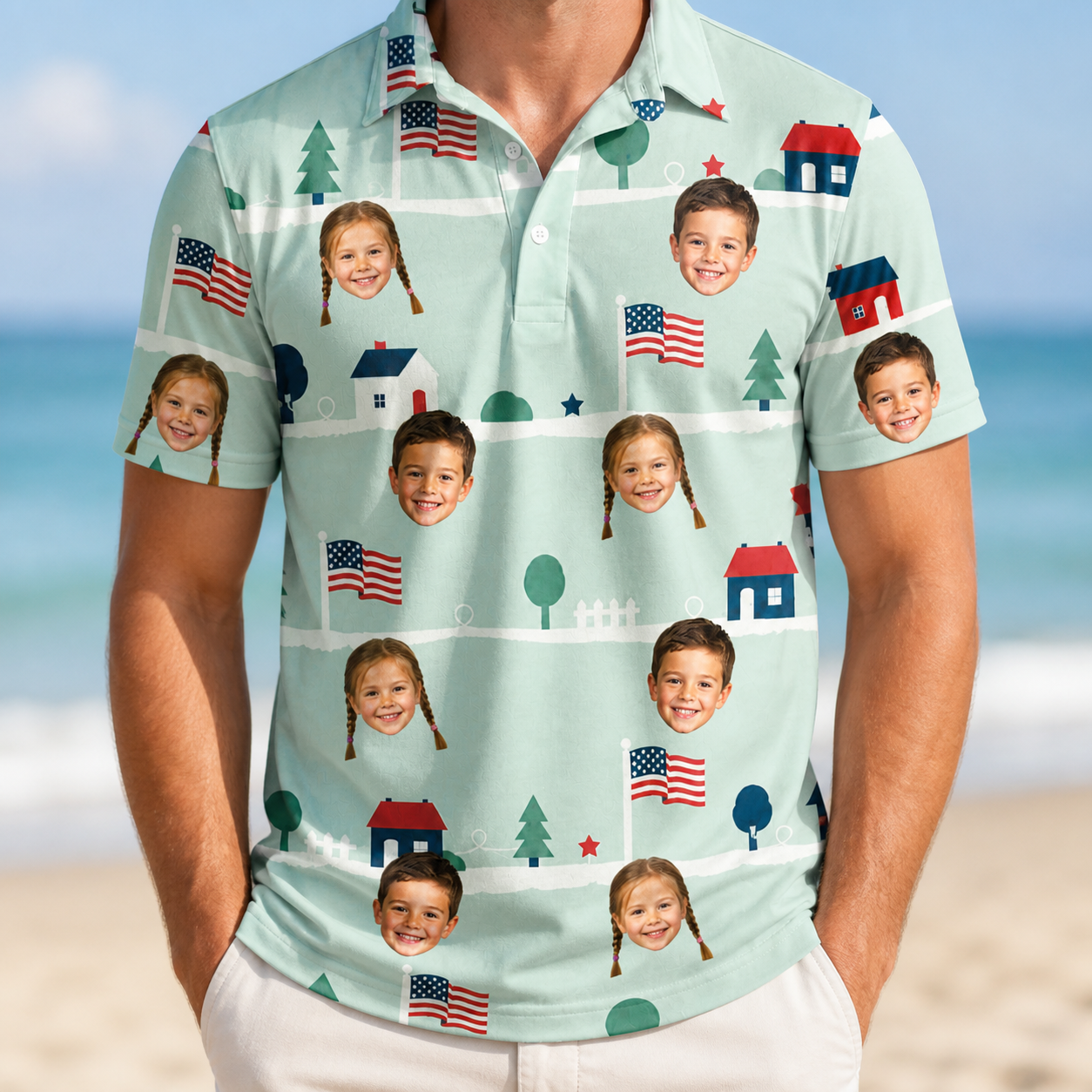 Model wearing Men's Old Glory Custom Face Polo Shirt printed with kids' faces