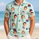 Model wearing Men's Old Glory Custom Face Polo Shirt printed with kids' faces