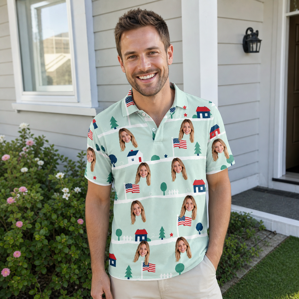 Real-life photo of someone wearing Men's Old Glory Custom Face Polo Shirt — custom faces printed all-over