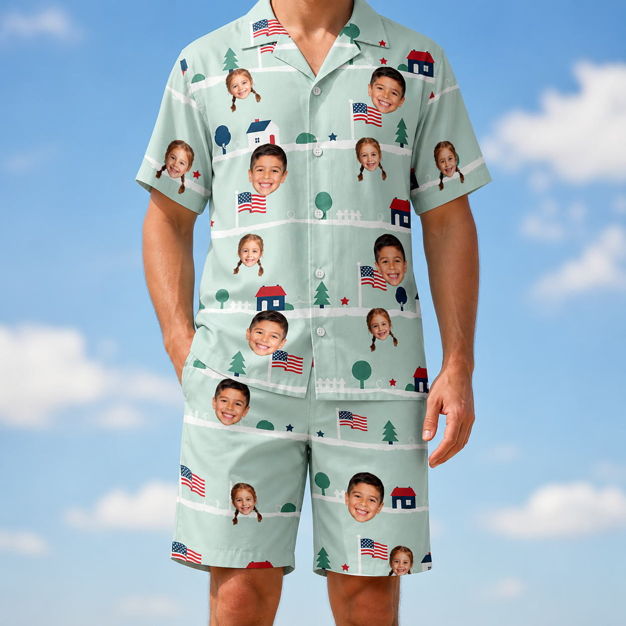 Model wearing Men's Old Glory Custom Face Shirt & Shorts Set printed with kids' faces