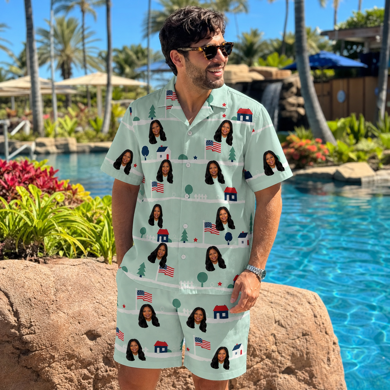 Real-life photo of someone wearing Men's Old Glory Custom Face Shirt & Shorts Set — custom faces printed all-over