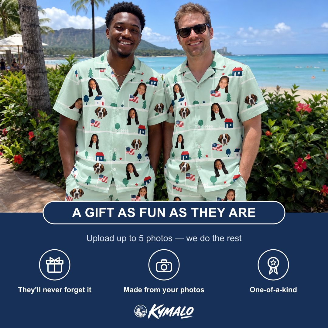 Friends in matching Men's Old Glory Custom Face Shirt & Shorts Set — a group gift photo