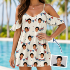Woman wearing Women's Americana Arc Custom Face Off-Shoulder Dress — custom faces printed all-over