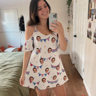 Real-life photo of someone wearing Women's Americana Arc Custom Face Off-Shoulder Dress — custom faces printed all-over