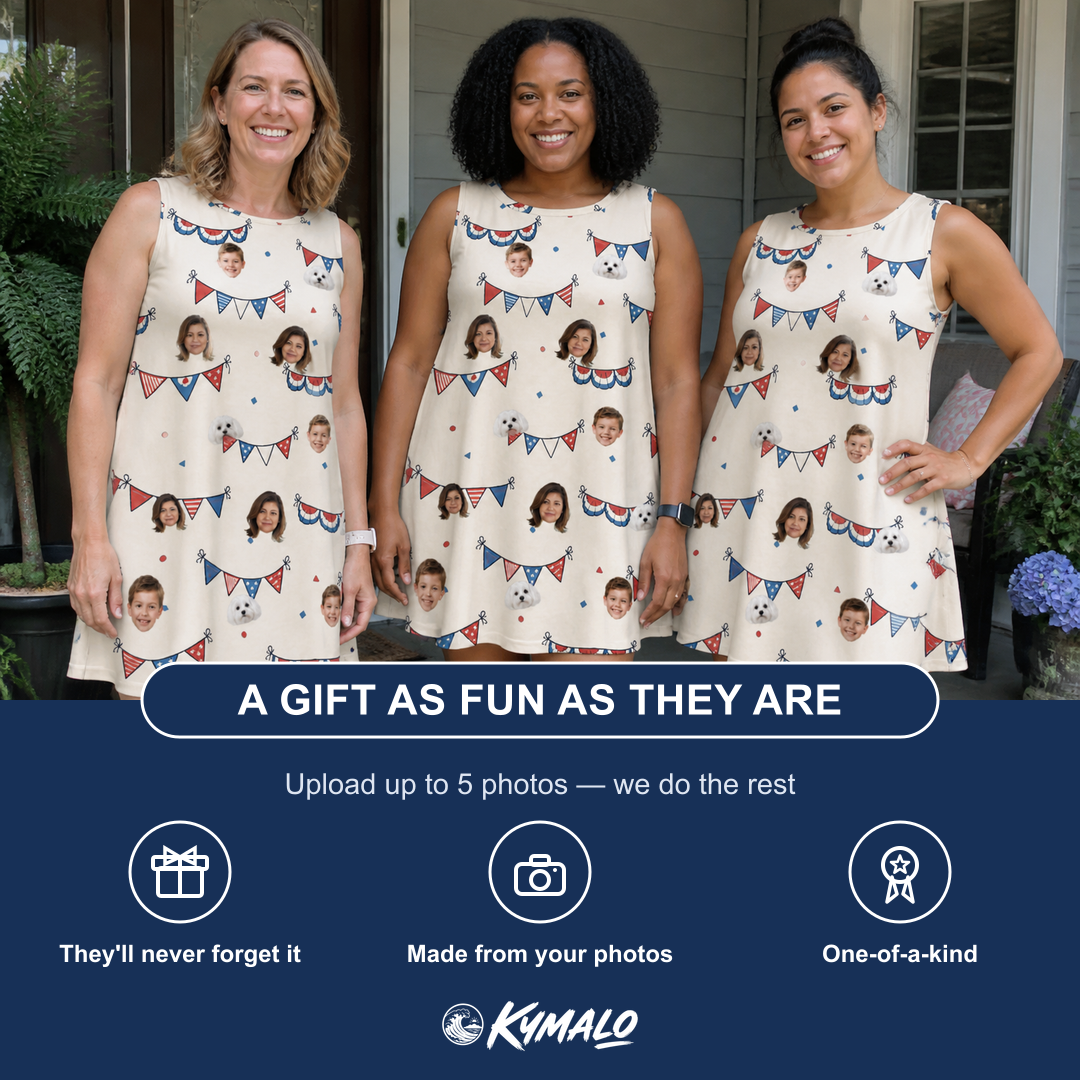 Friends in matching Women's Americana Arc Custom Face Tank Dress — a group gift photo
