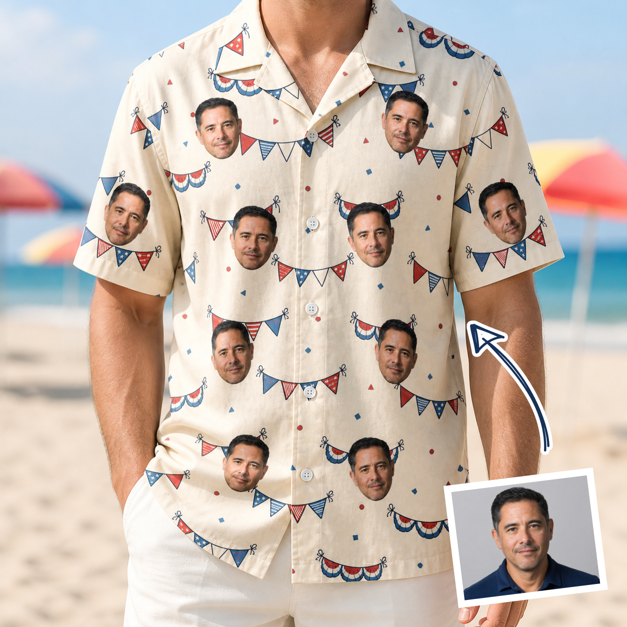 Man wearing Men's Americana Arc Custom Face Hawaiian Shirt — custom faces printed all-over