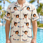 Model wearing Men's Americana Arc Custom Face Hawaiian Shirt printed with kids' faces