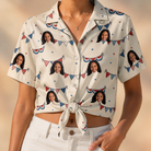 Woman wearing Women's Americana Arc Custom Face Hawaiian Shirt tied at the waist