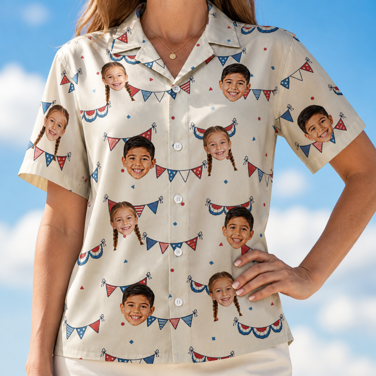 Model wearing Women's Americana Arc Custom Face Hawaiian Shirt printed with kids' faces