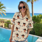 Real-life photo of someone wearing Women's Americana Arc Custom Face Hawaiian Shirt — custom faces printed all-over