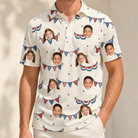 Model wearing Men's Americana Arc Custom Face Polo Shirt printed with kids' faces