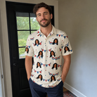Real-life photo of someone wearing Men's Americana Arc Custom Face Polo Shirt — custom faces printed all-over