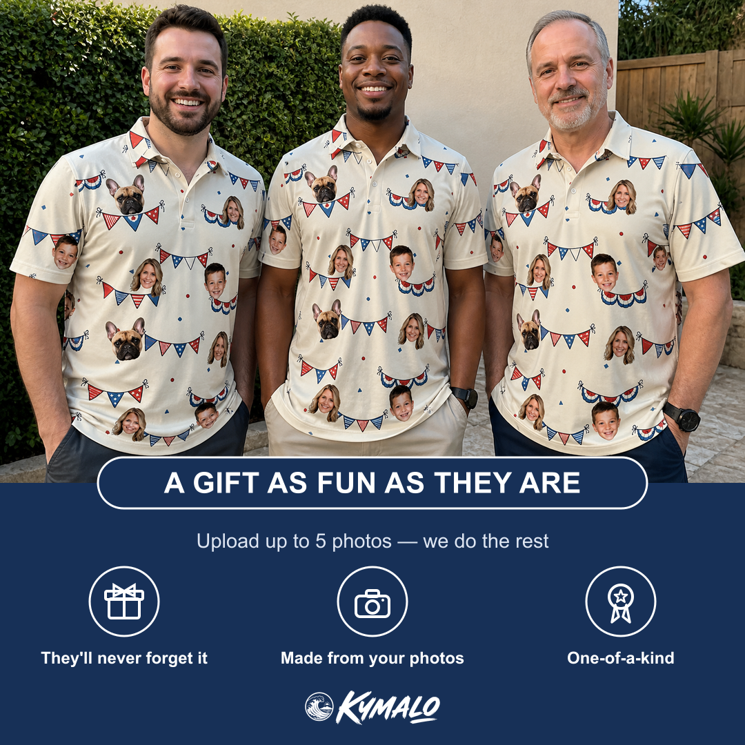 Friends in matching Men's Americana Arc Custom Face Polo Shirt — a group gift photo