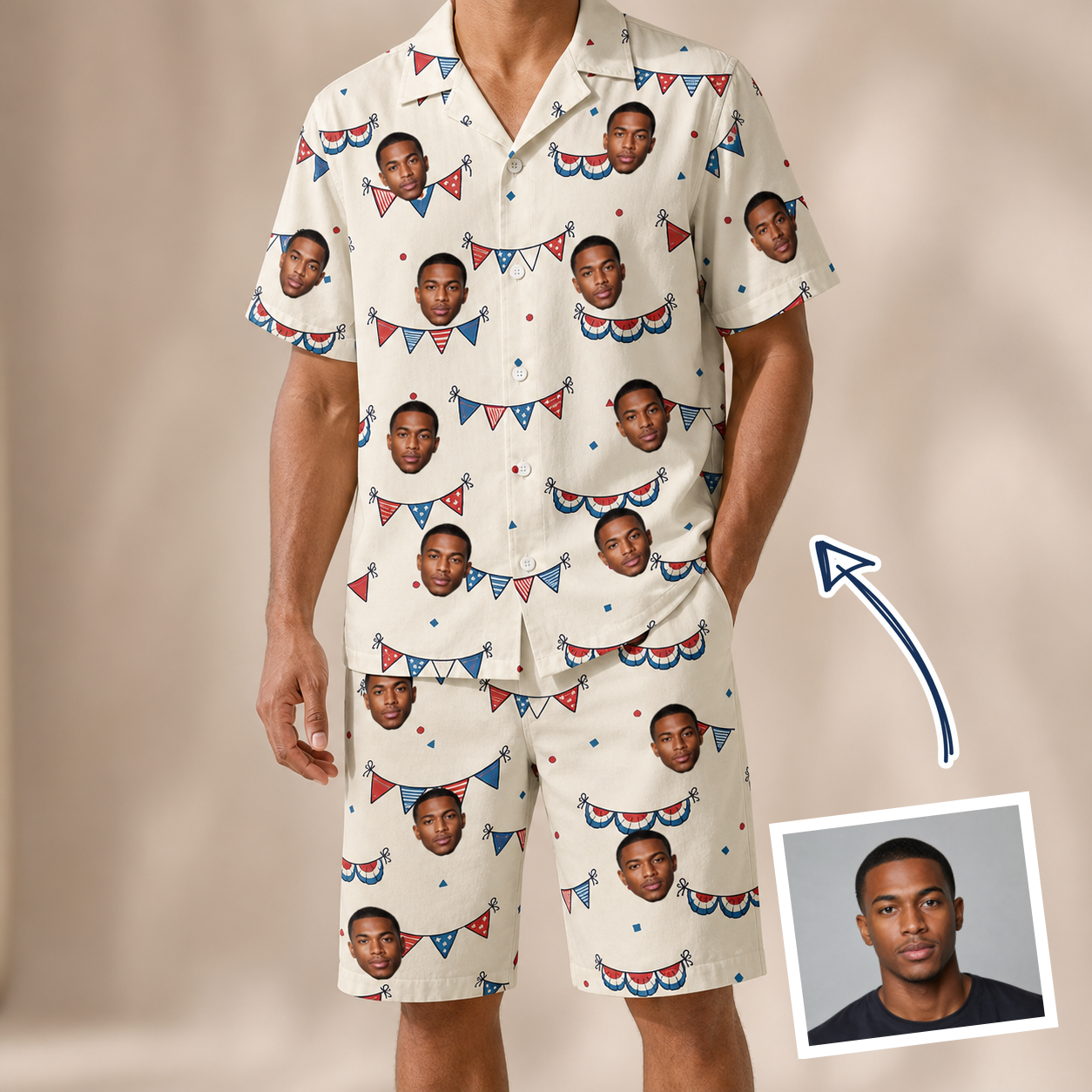 Man wearing Men's Americana Arc Custom Face Shirt & Shorts Set — custom faces printed all-over