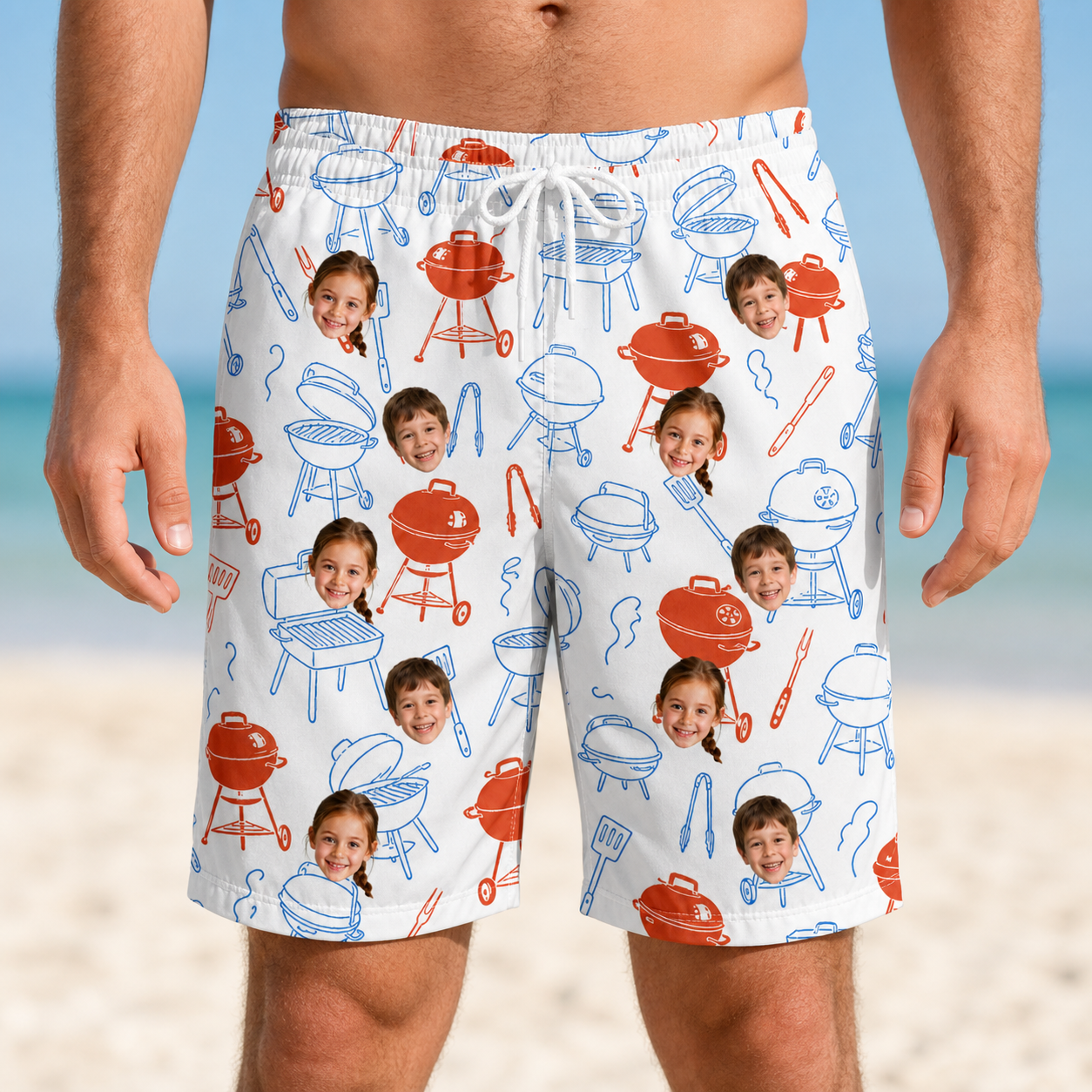 Model wearing Men's Grill Rights Custom Face Beach Shorts printed with kids' faces