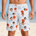 Model wearing Men's Grill Rights Custom Face Beach Shorts printed with kids' faces