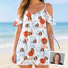 Woman wearing Women's Grill Rights Custom Face Off-Shoulder Dress — custom faces printed all-over