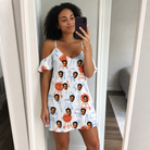 Real-life photo of someone wearing Women's Grill Rights Custom Face Off-Shoulder Dress — custom faces printed all-over