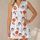 Model wearing Women's Grill Rights Custom Face V-Neck Dress printed with kids' faces