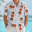 Model wearing Men's Grill Rights Custom Face Hawaiian Shirt printed with kids' faces
