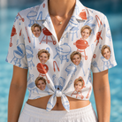 Woman wearing Women's Grill Rights Custom Face Hawaiian Shirt tied at the waist