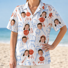 Model wearing Women's Grill Rights Custom Face Hawaiian Shirt printed with kids' faces
