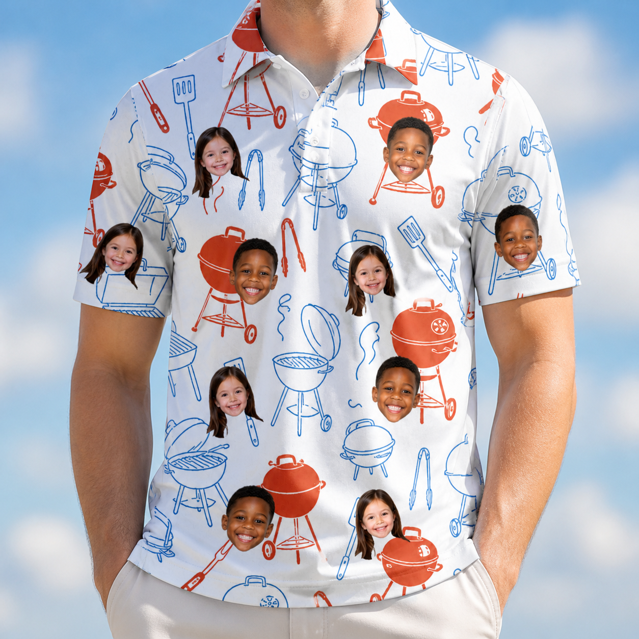 Model wearing Men's Grill Rights Custom Face Polo Shirt printed with kids' faces