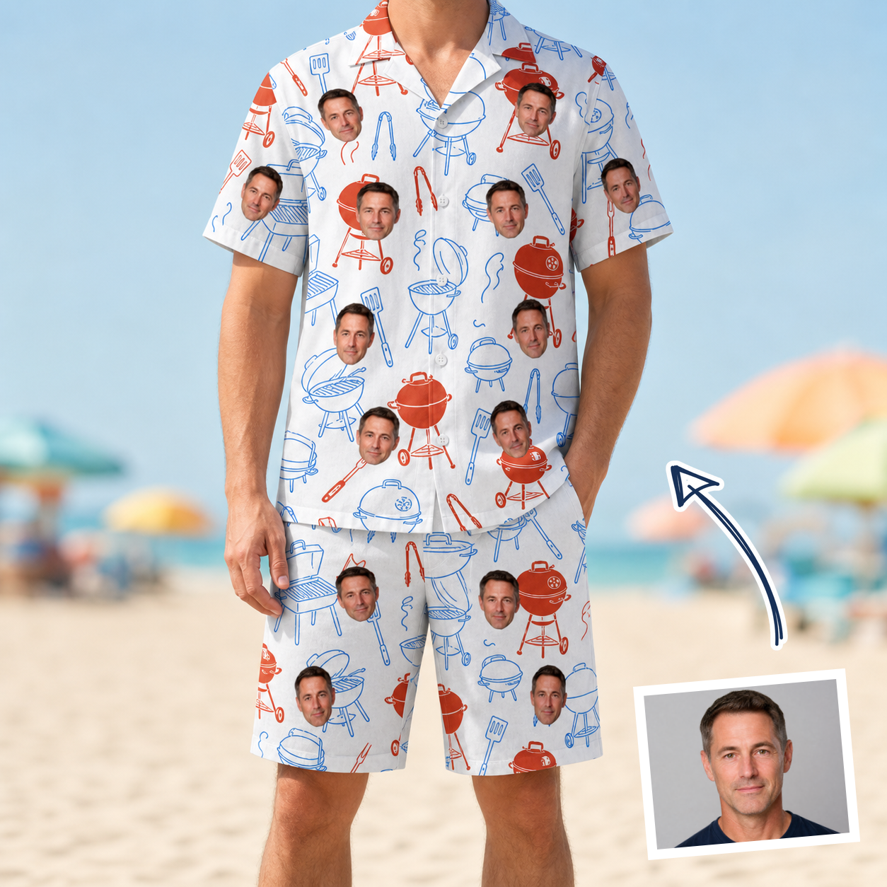 Man wearing Men's Grill Rights Custom Face Shirt & Shorts Set — custom faces printed all-over