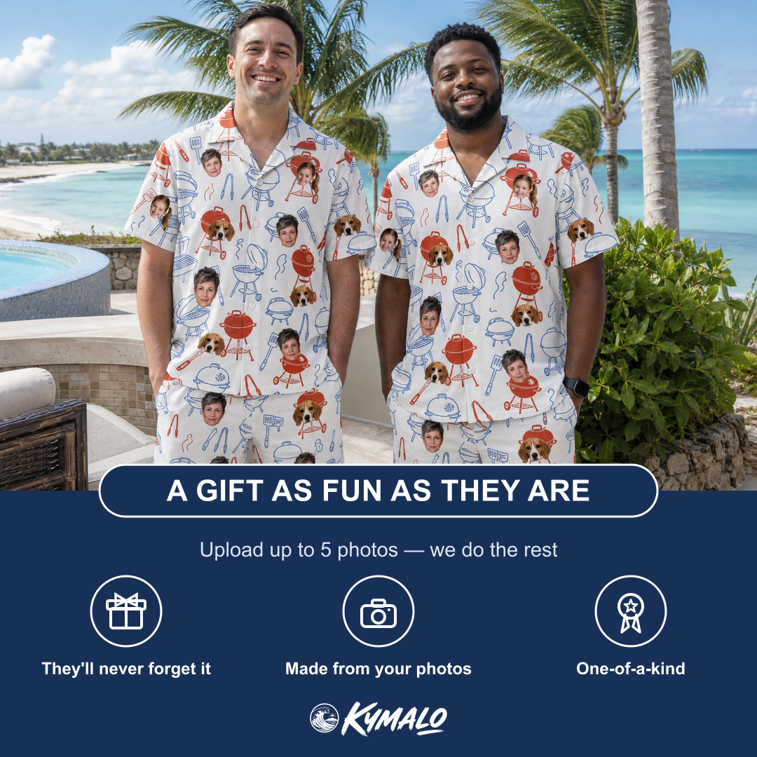 Friends in matching Men's Grill Rights Custom Face Shirt & Shorts Set — a group gift photo