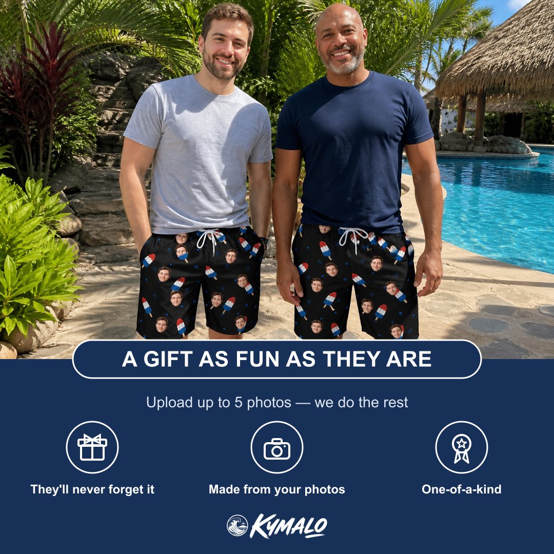 Friends in matching Men's Popsicle Pride Custom Face Beach Shorts — a group gift photo