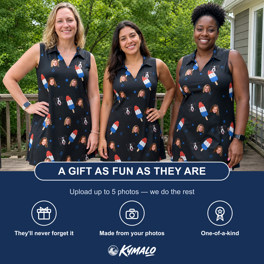 Friends in matching Women's Popsicle Pride Custom Face V-Neck Dress — a group gift photo