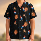 Model wearing Men's Popsicle Pride Custom Face Hawaiian Shirt printed with kids' faces
