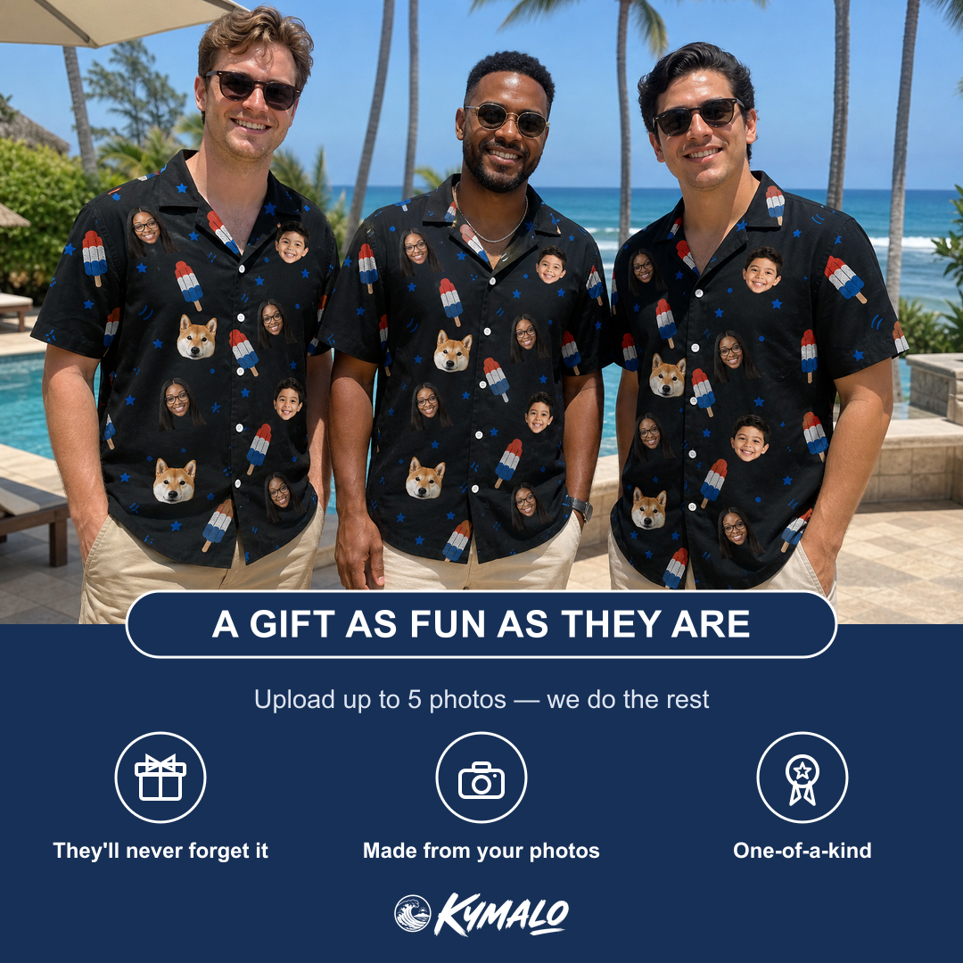 Friends in matching Men's Popsicle Pride Custom Face Hawaiian Shirt — a group gift photo