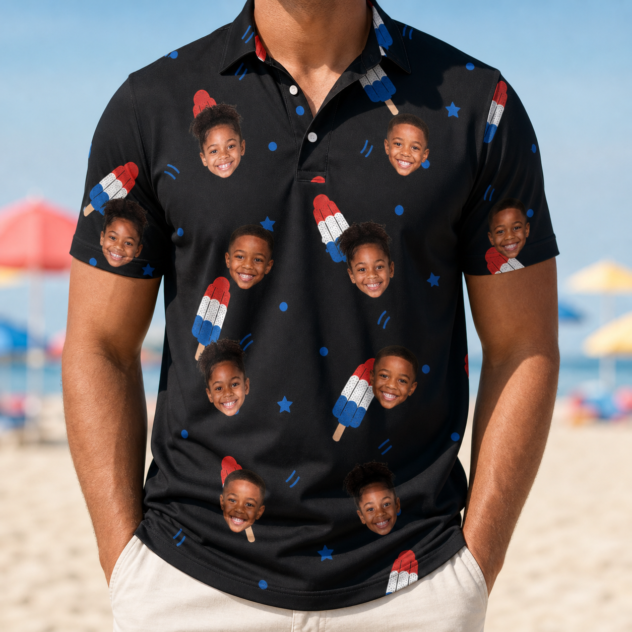 Model wearing Men's Popsicle Pride Custom Face Polo Shirt printed with kids' faces