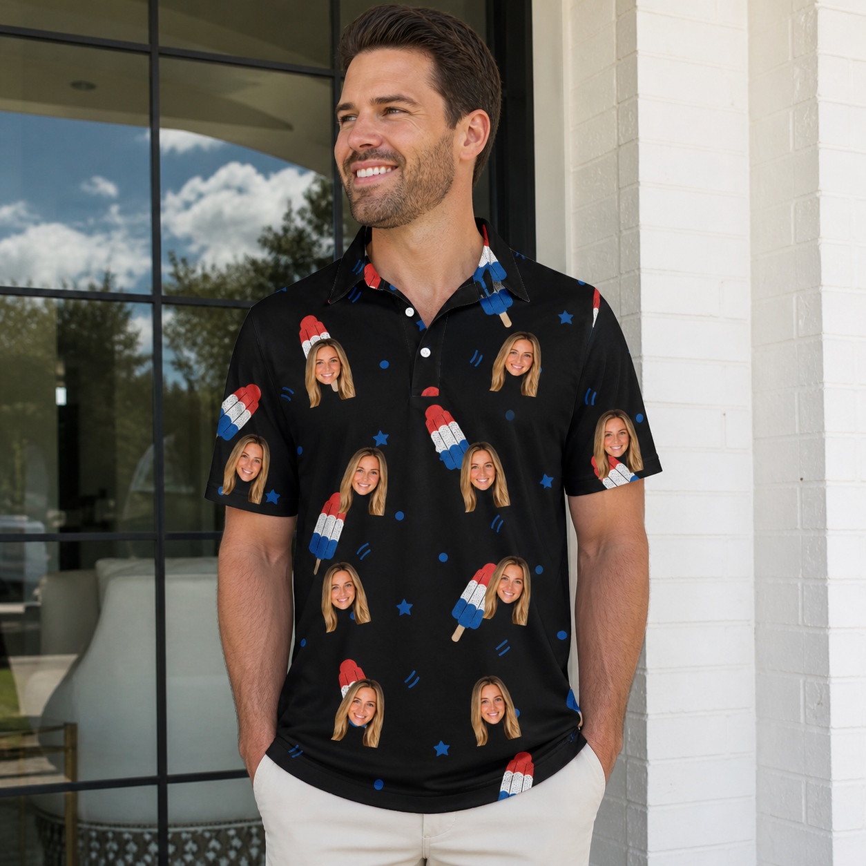 Real-life photo of someone wearing Men's Popsicle Pride Custom Face Polo Shirt — custom faces printed all-over