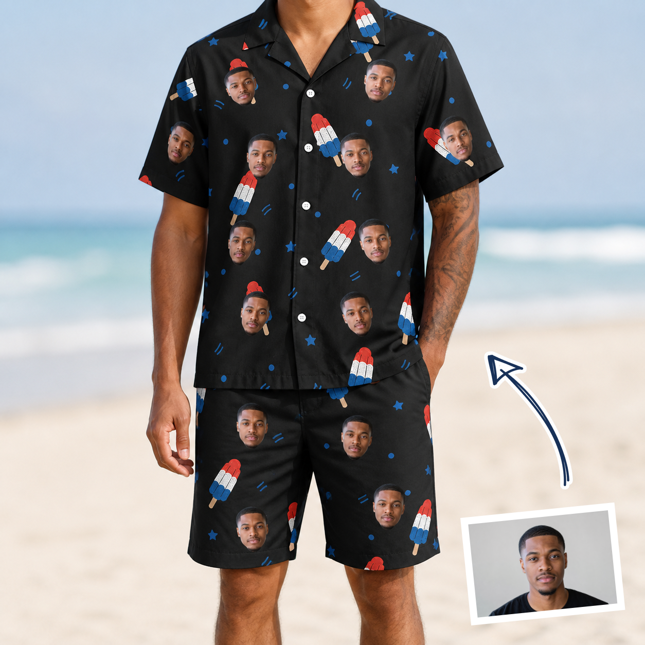 Man wearing Men's Popsicle Pride Custom Face Shirt & Shorts Set — custom faces printed all-over