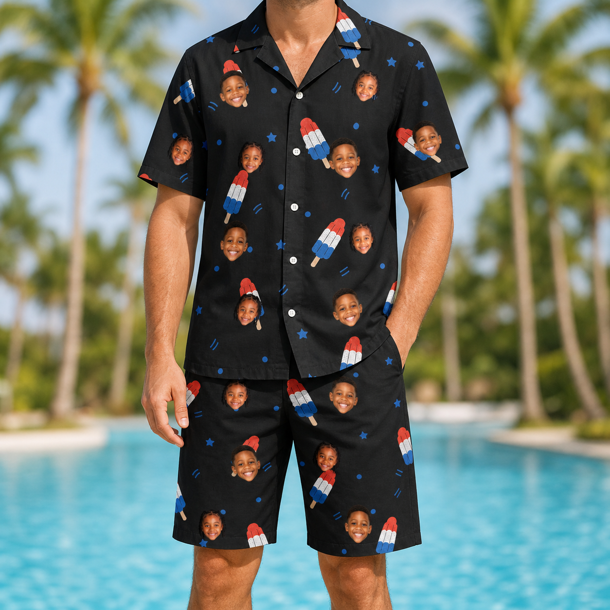 Model wearing Men's Popsicle Pride Custom Face Shirt & Shorts Set printed with kids' faces