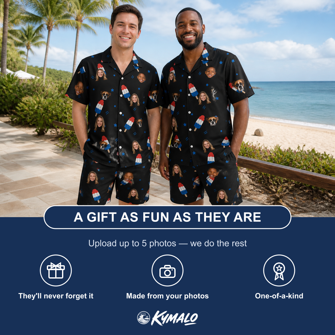 Friends in matching Men's Popsicle Pride Custom Face Shirt & Shorts Set — a group gift photo