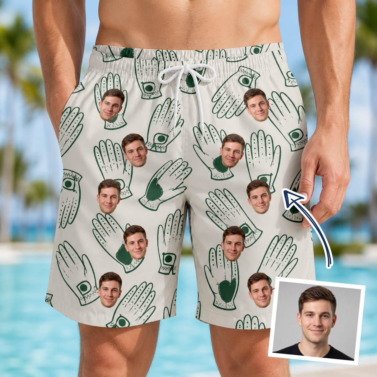 Man wearing Men's Glove Affair Custom Face Beach Shorts — custom faces printed all-over