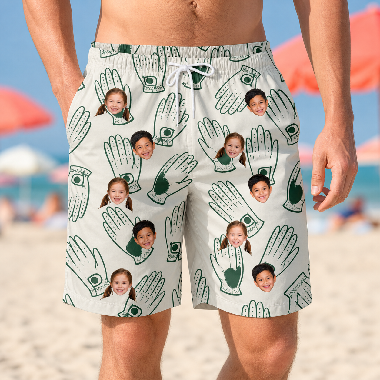 Model wearing Men's Glove Affair Custom Face Beach Shorts printed with kids' faces