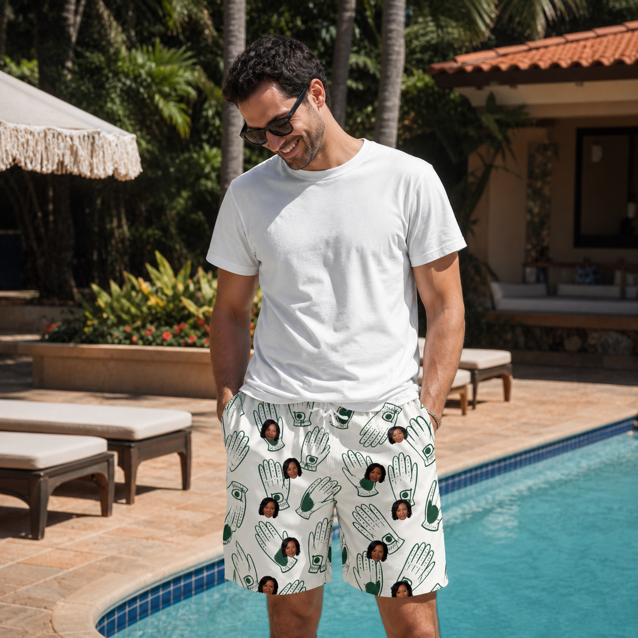 Real-life photo of someone wearing Men's Glove Affair Custom Face Beach Shorts — custom faces printed all-over