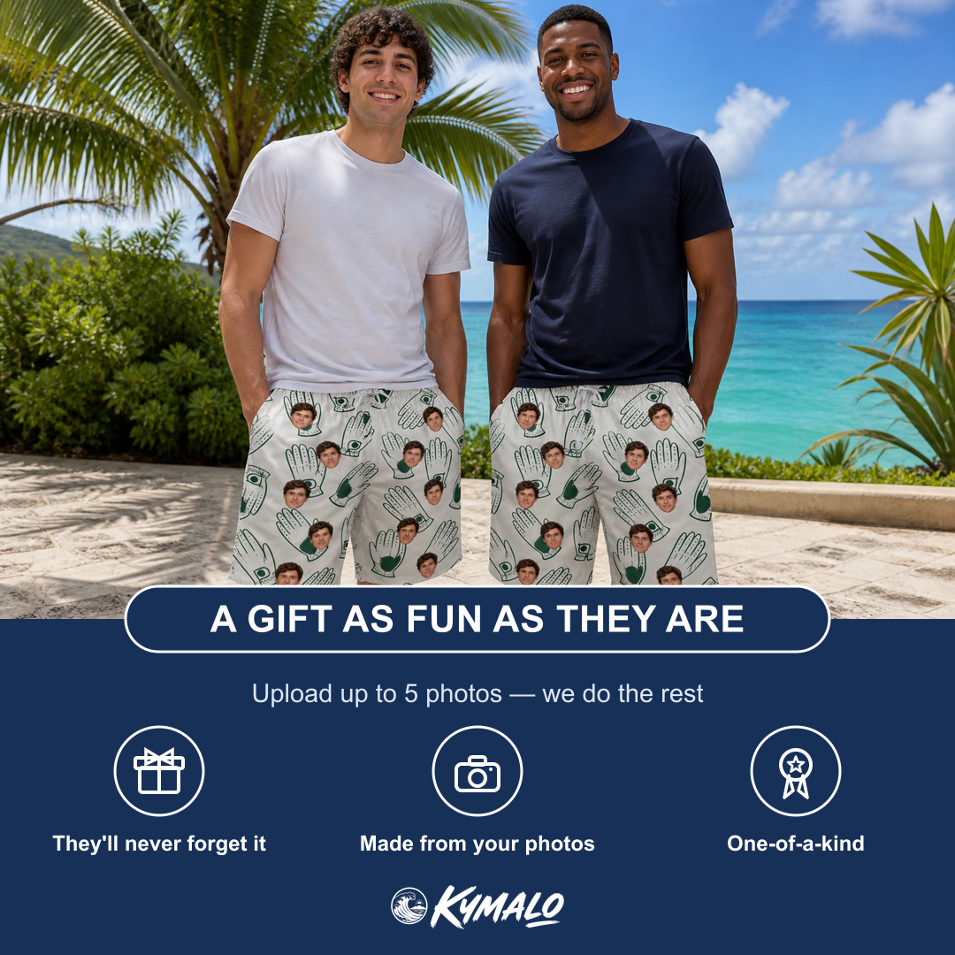 Friends in matching Men's Glove Affair Custom Face Beach Shorts — a group gift photo