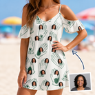Woman wearing Women's Glove Affair Custom Face Off-Shoulder Dress — custom faces printed all-over