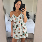 Real-life photo of someone wearing Women's Glove Affair Custom Face Off-Shoulder Dress — custom faces printed all-over