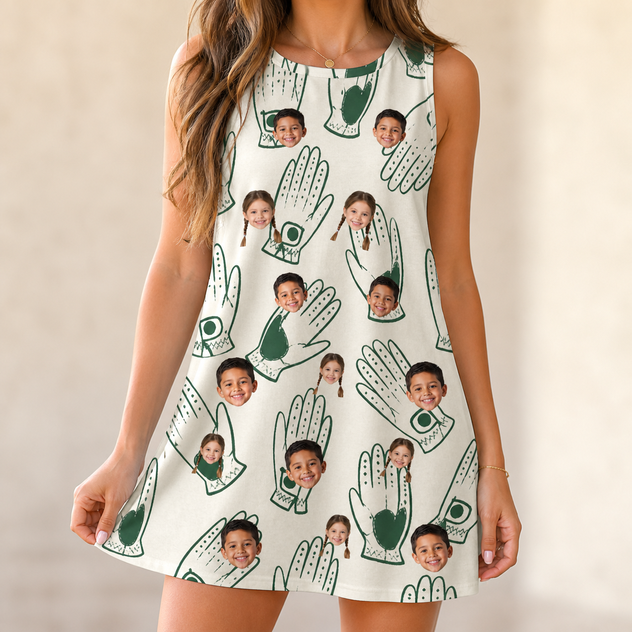 Model wearing Women's Glove Affair Custom Face Tank Dress printed with kids' faces