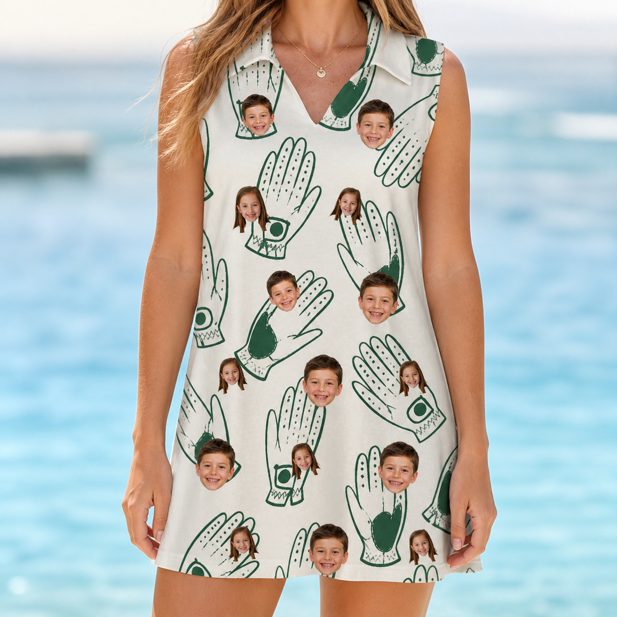 Model wearing Women's Glove Affair Custom Face V-Neck Dress printed with kids' faces